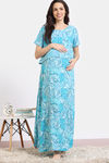 Coucou Maternity Woven Full Length Nightdress With Front Zipper And Discreet Feeding - Ocean Blue — thumbnail 2